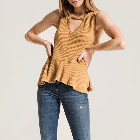 Others Follow Thermal Waffle Knit Textured Cut-Out Peplum Hem Tank Top in Yellow - Picture 2 of 14